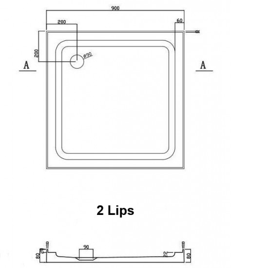 900x900mm Two Lips Square Shower Tray Center/Corner Waste 